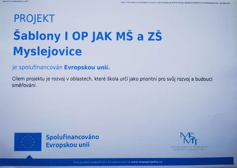 Publicita projektu Šablony I OP JAK MŠ a ZŠ Myslejovice